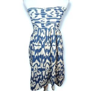 RAVIYA BLUE & CREAM SMOCKED STRAPLESS DRESS SZ.M EUC